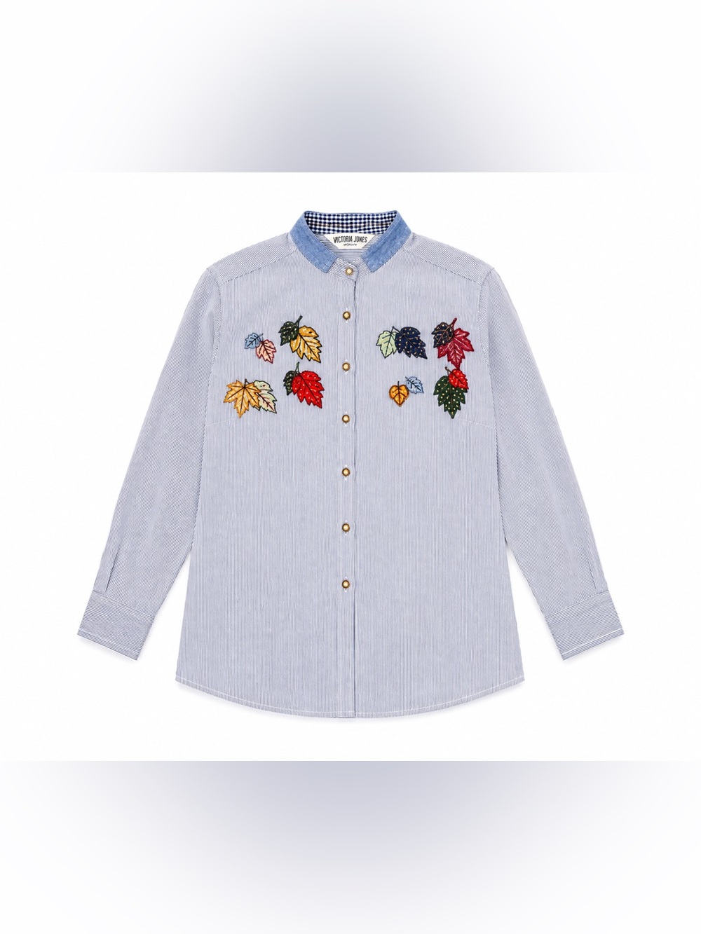Victoria Jones Woman 20W Blue Pinstripe Leaf Applique Button Shirt Cotton